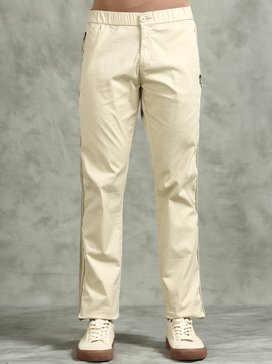 Elasticated Waist Zip Pocket Stretchable Beige Lounge Pants with Side Tape