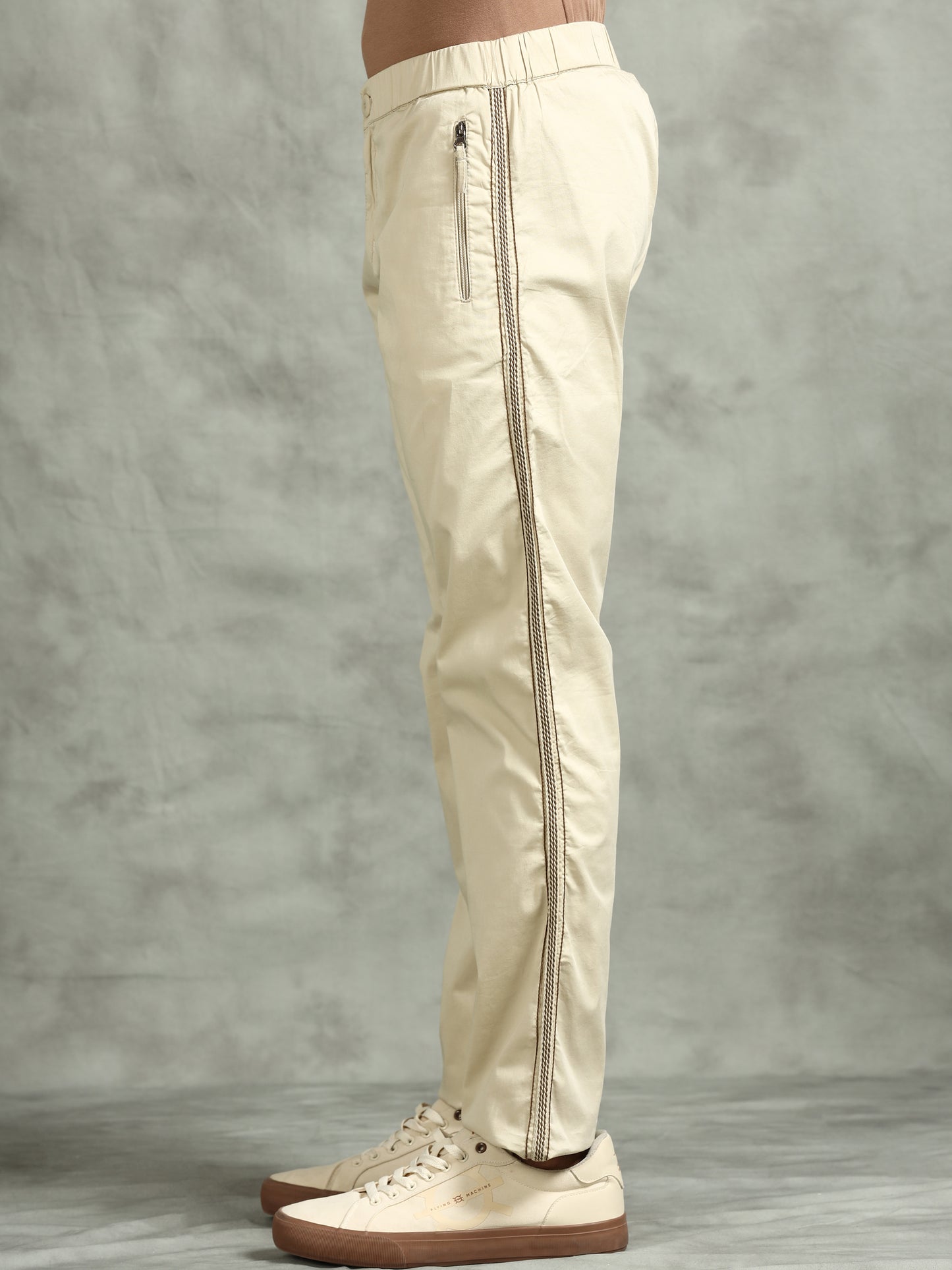 Elasticated Waist Zip Pocket Stretchable Beige Lounge Pants with Side Tape
