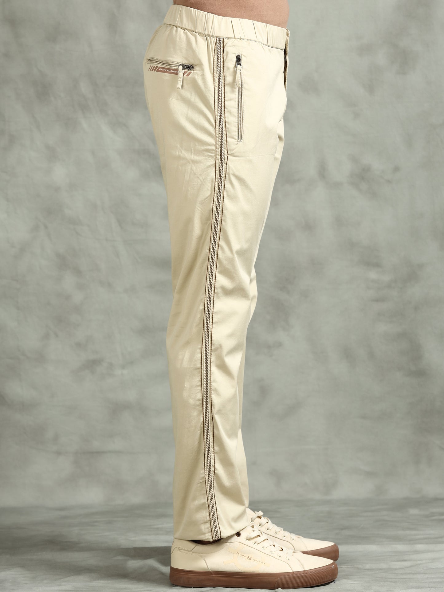 Elasticated Waist Zip Pocket Stretchable Beige Lounge Pants with Side Tape