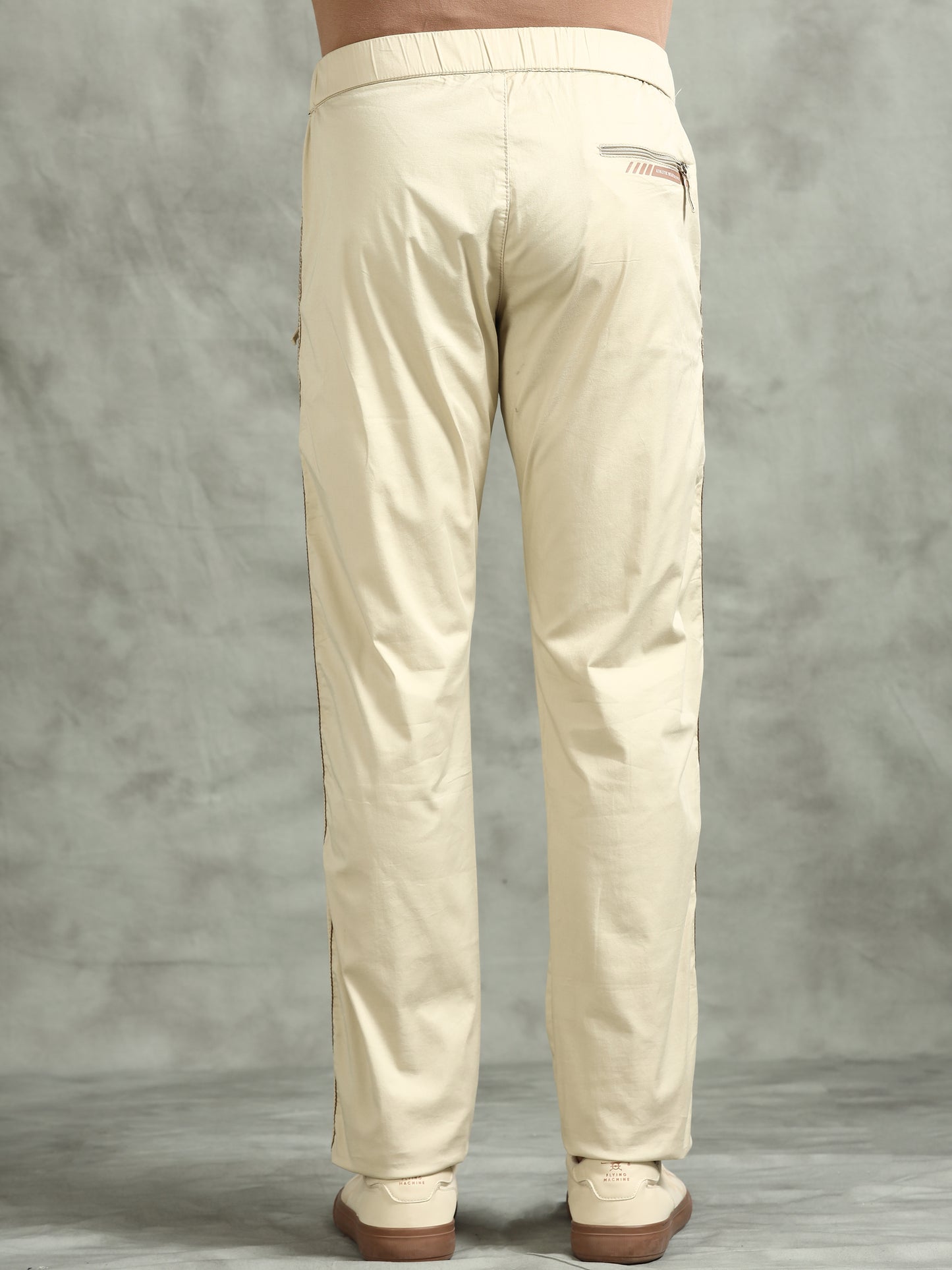 Elasticated Waist Zip Pocket Stretchable Beige Lounge Pants with Side Tape