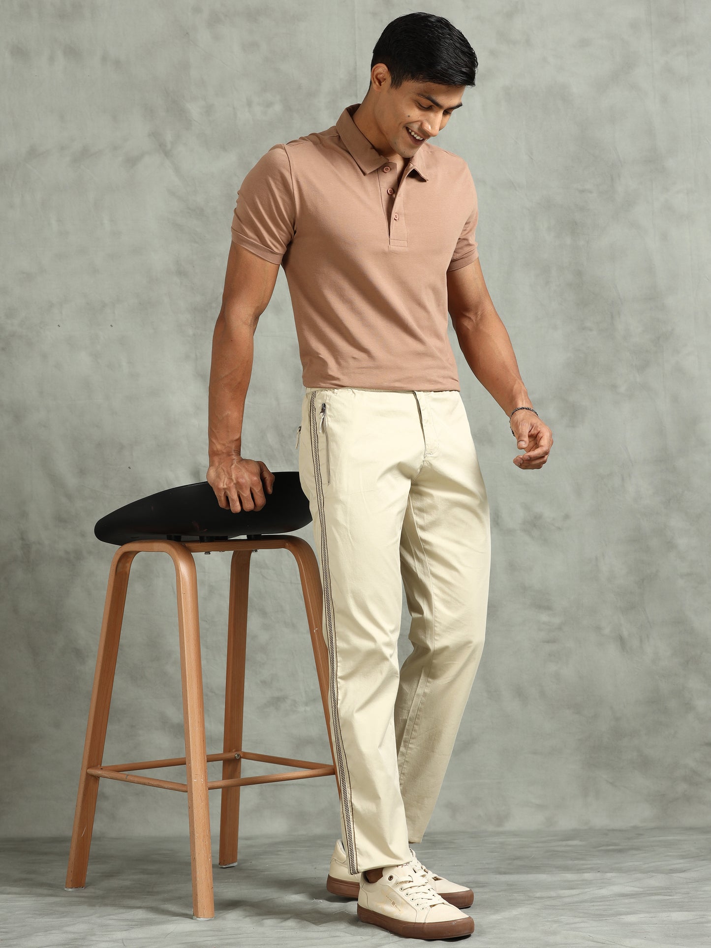 Elasticated Waist Zip Pocket Stretchable Beige Lounge Pants with Side Tape