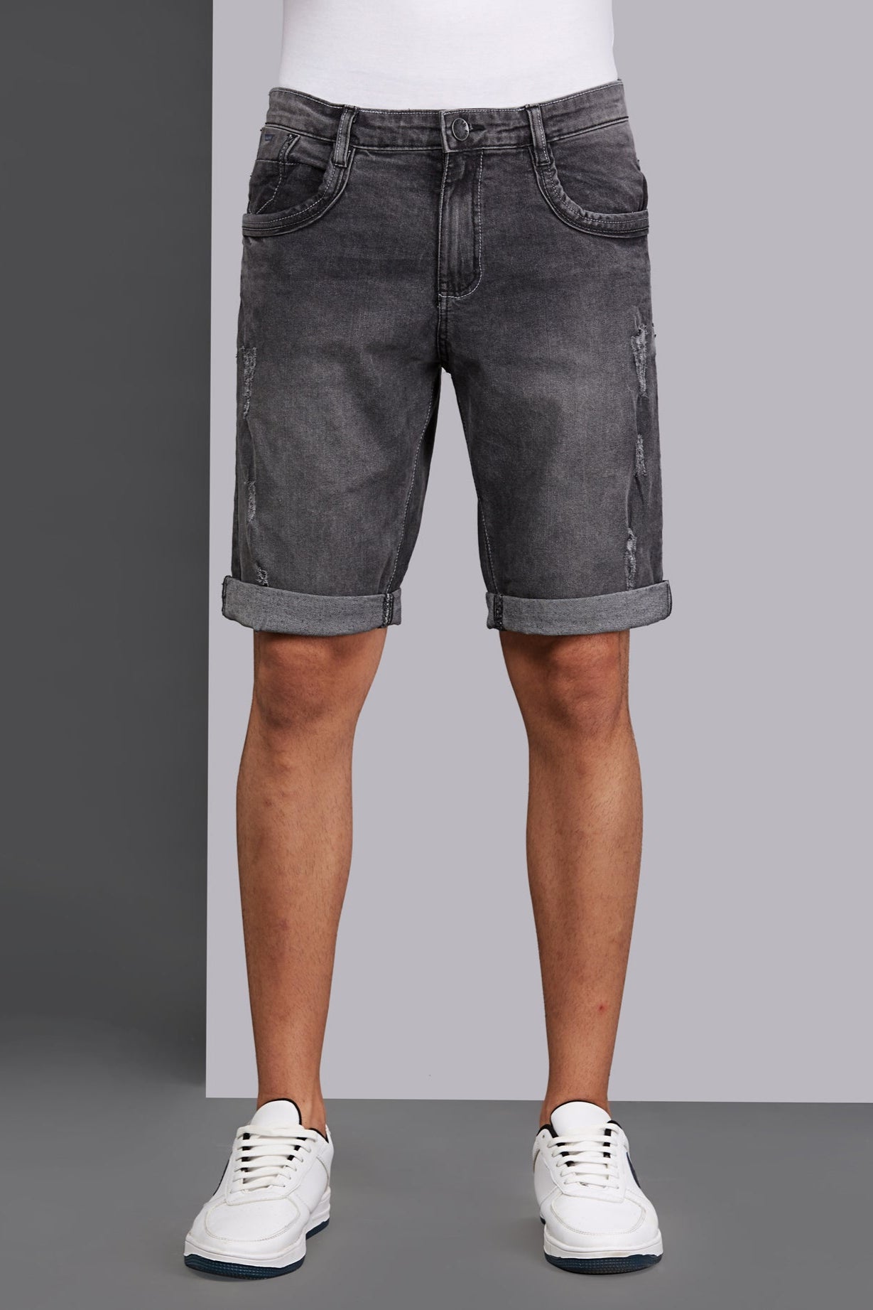 Washed Stretchable Black Denim Shorts