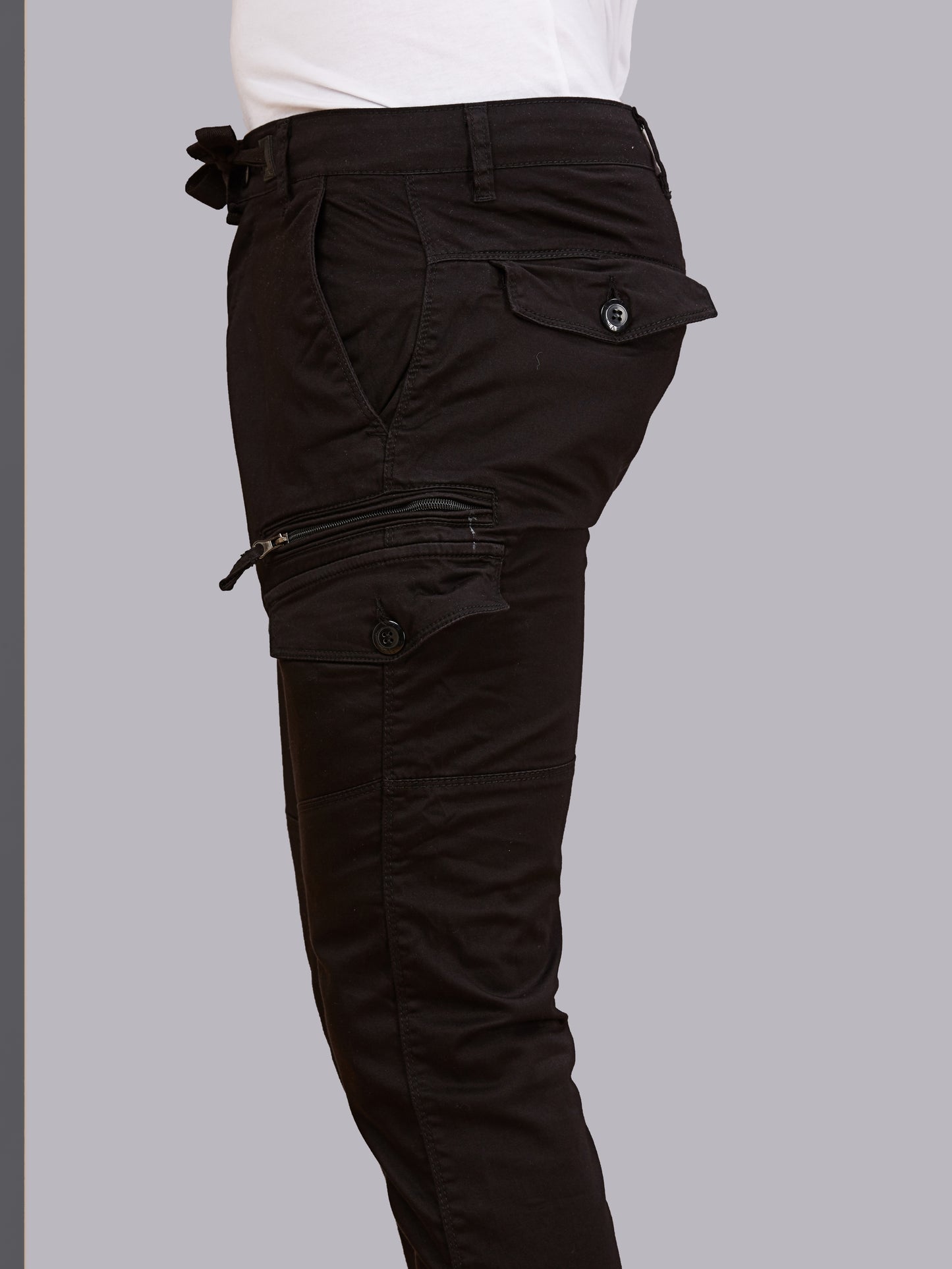 Multi Pocket Stretchable Black Cargo