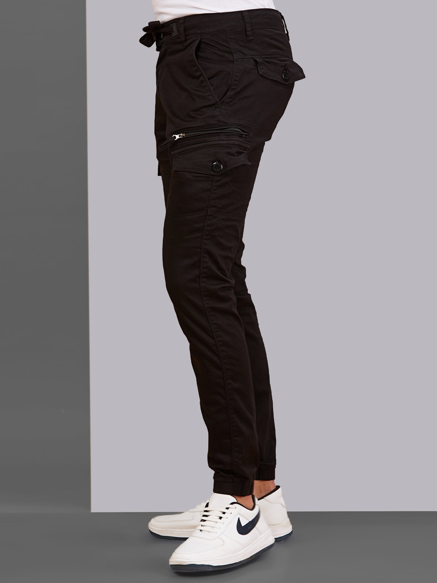 Multi Pocket Stretchable Black Cargo