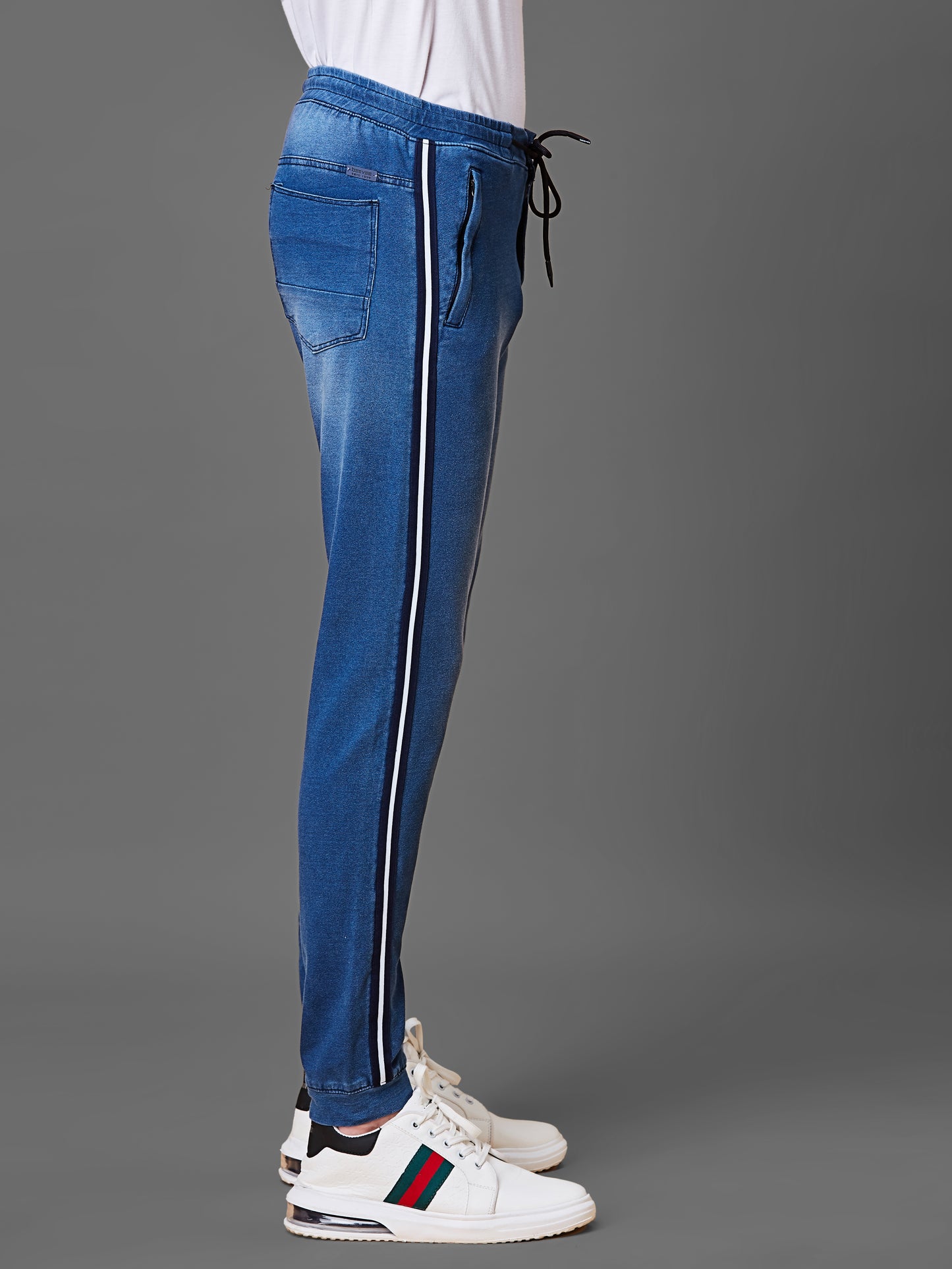 Elasticated Knit Denim Stretchable Light Blue Lounge Pants with Side tape