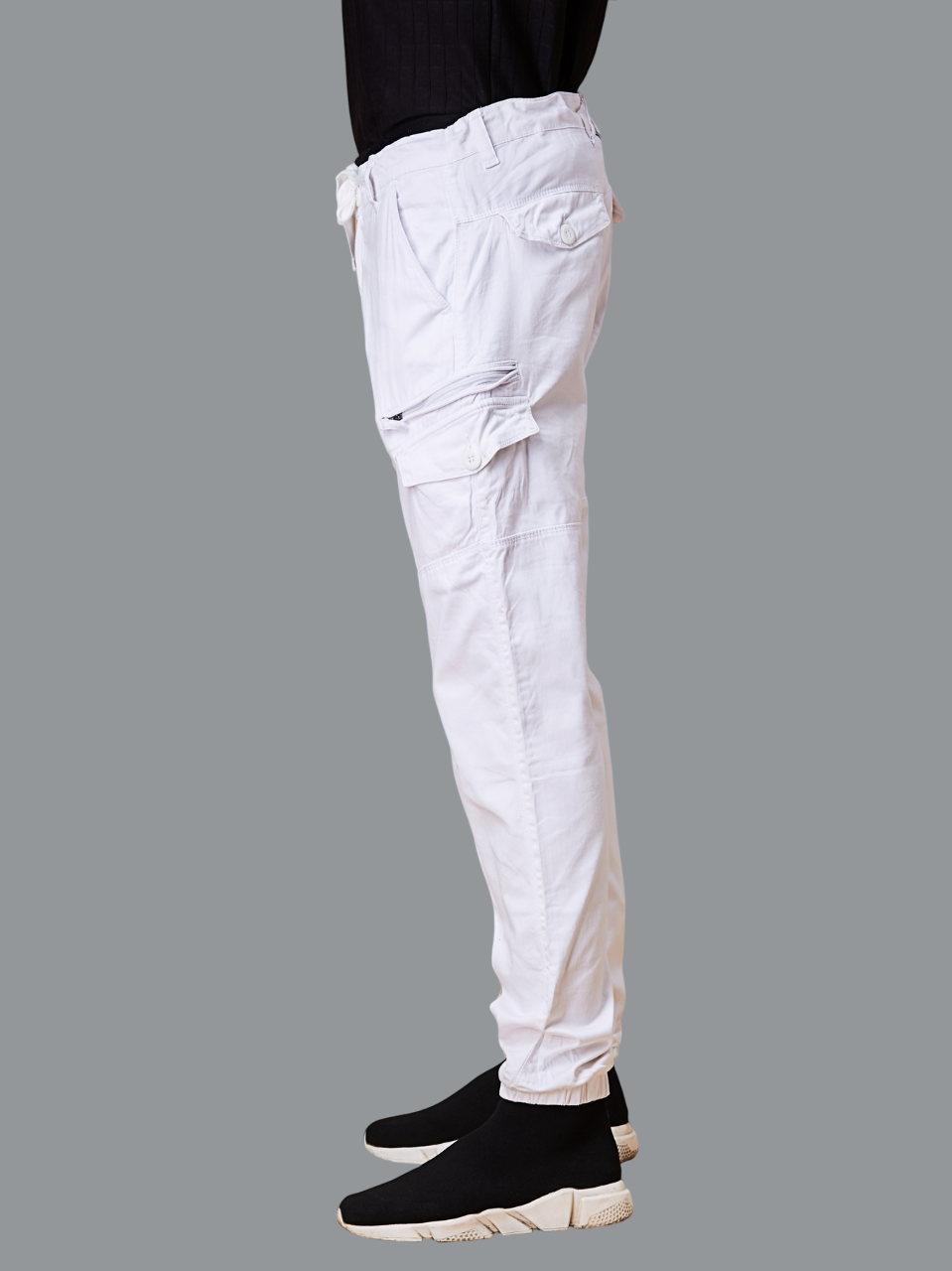 Multi Pocket Stretchable White Cargo