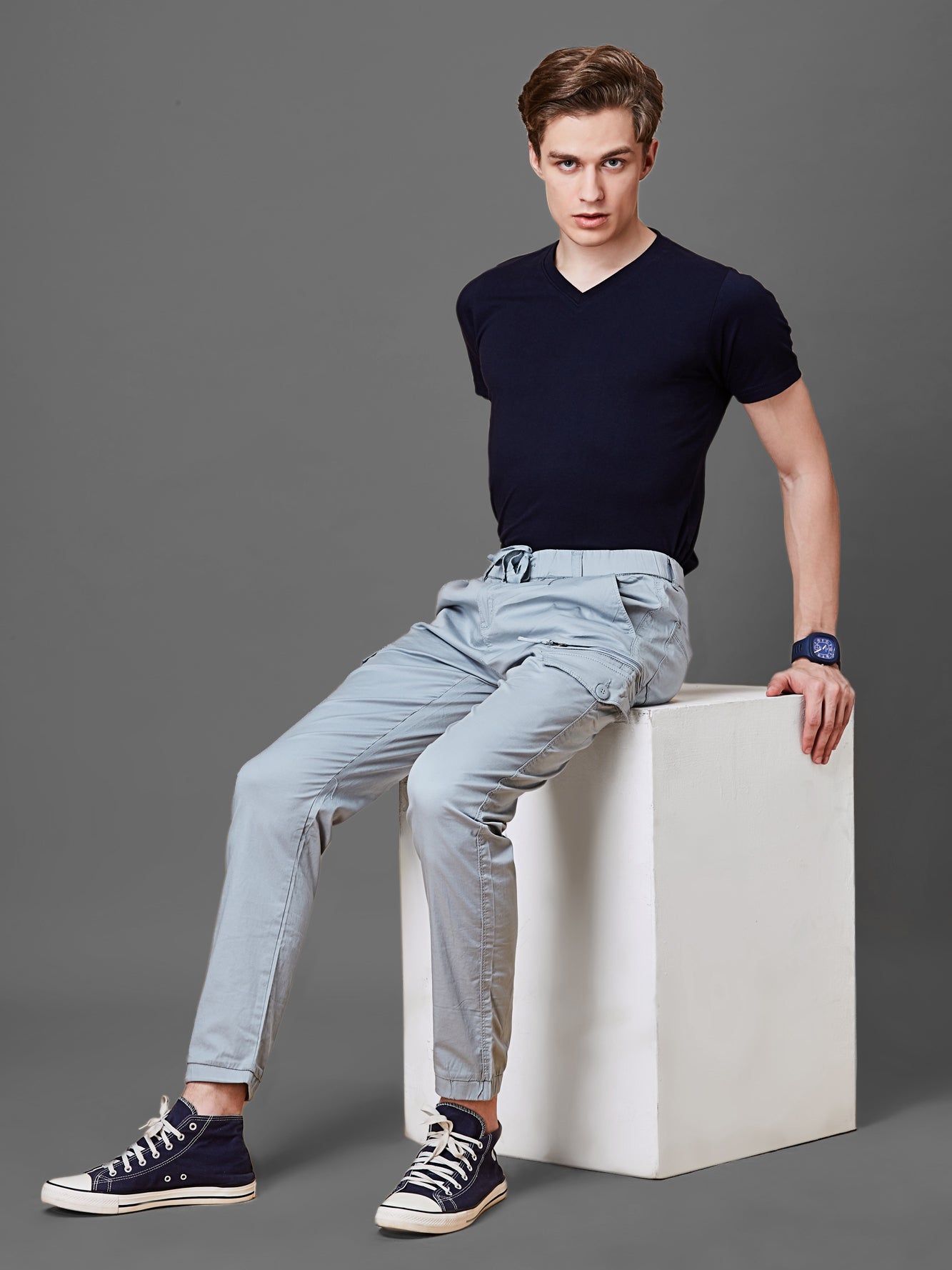 Elasticated Waist Multi Pocket Blue Jogger Lounge Pants