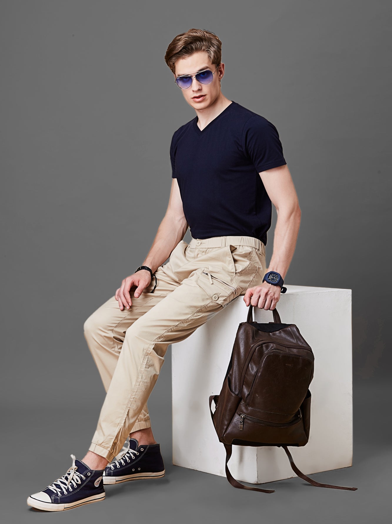 Elasticated Waist Multi Pocket Beige Jogger Lounge Pants