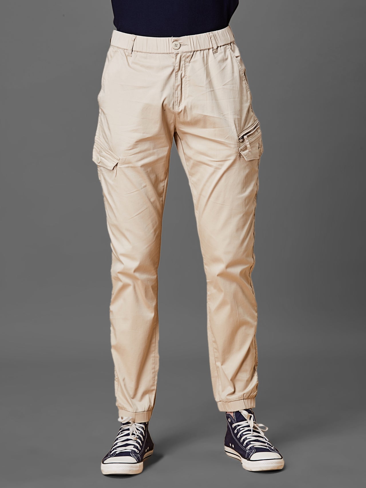 Elasticated Waist Multi Pocket Beige Jogger Lounge Pants