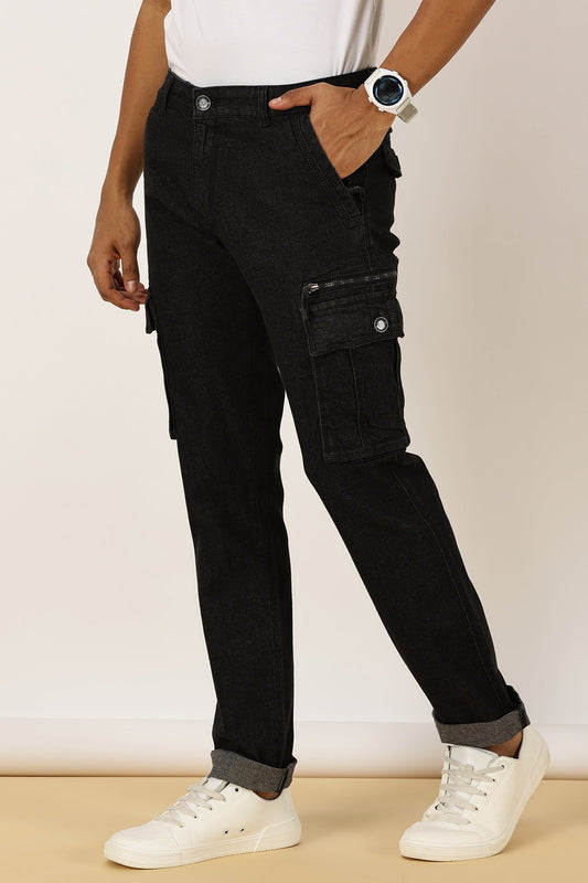 Multi Pocket Stretchable Black Denim Cargo