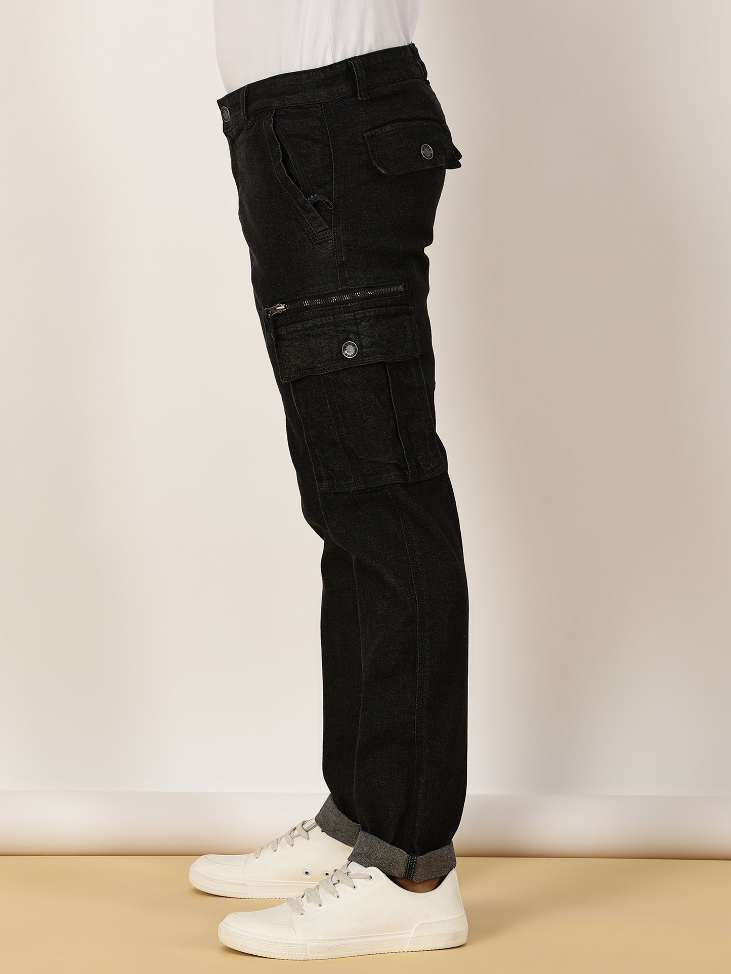 Multi Pocket Stretchable Black Denim Cargo