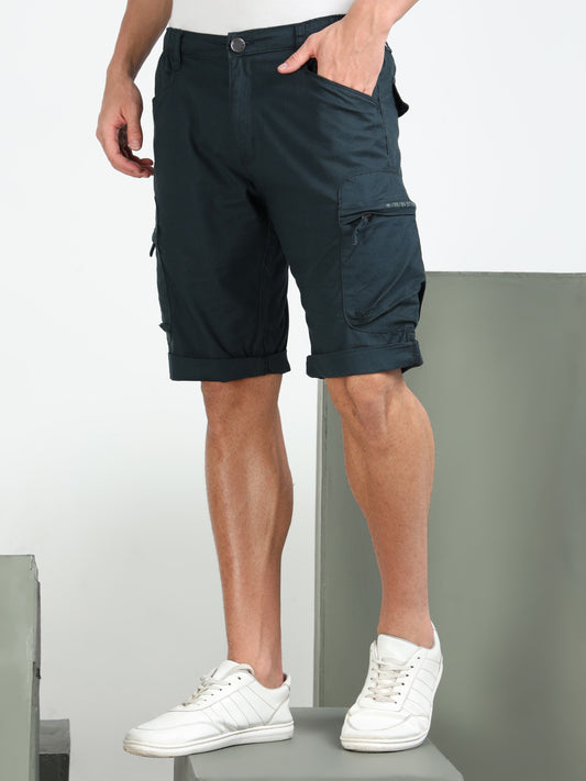 P Blue Cotton Lycra Solid Shorts