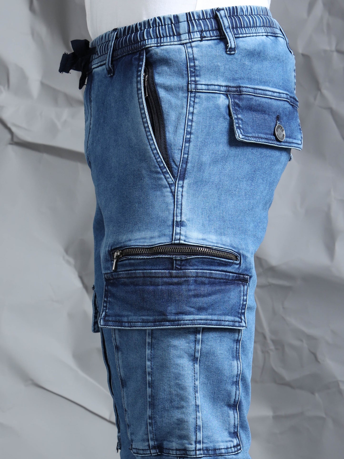 Cotton Lycra Indigo  Mid Rise Cargo Pant with 7 Pockets  Drawstring Closure