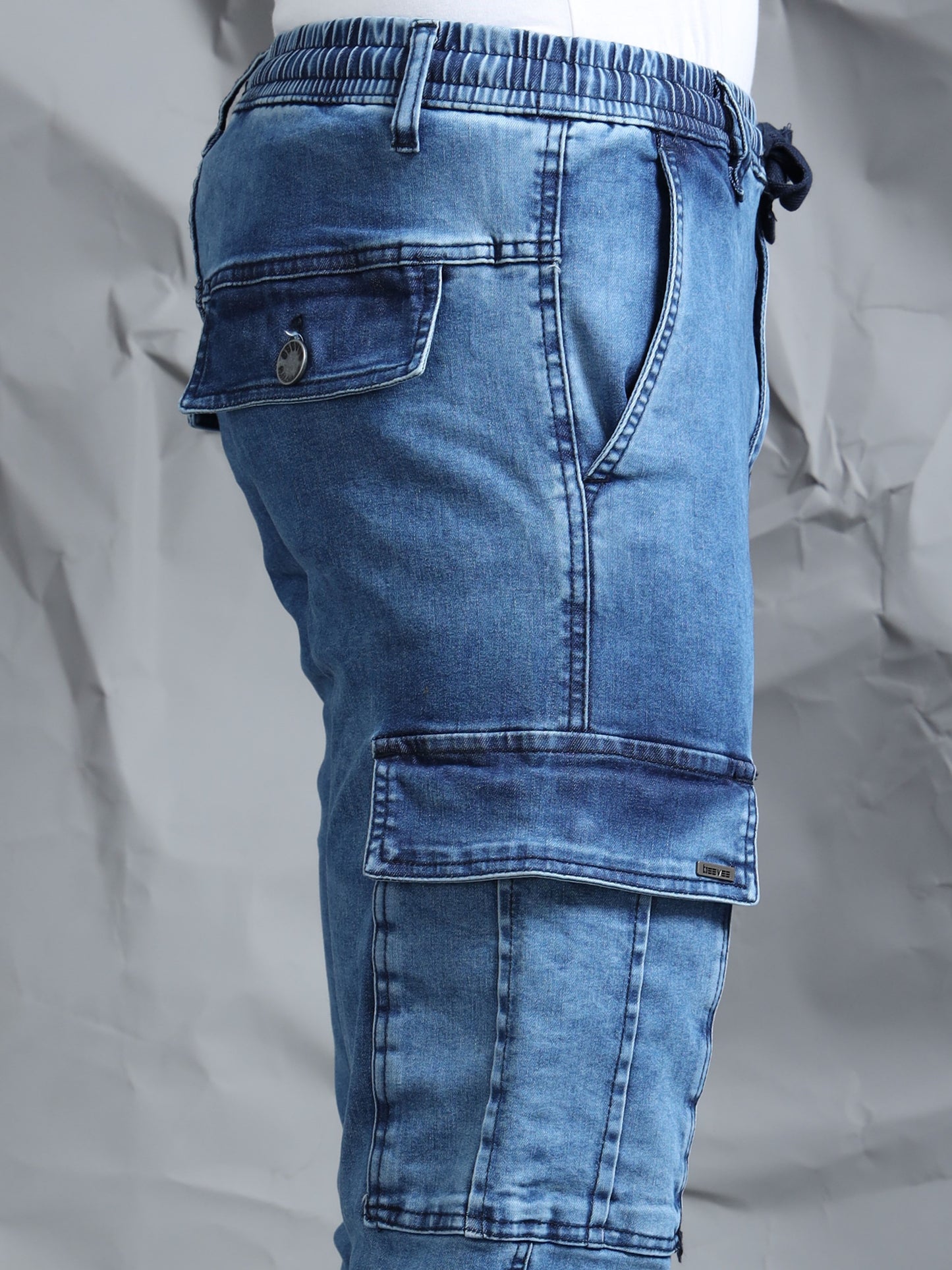 Cotton Lycra Indigo  Mid Rise Cargo Pant with 7 Pockets  Drawstring Closure