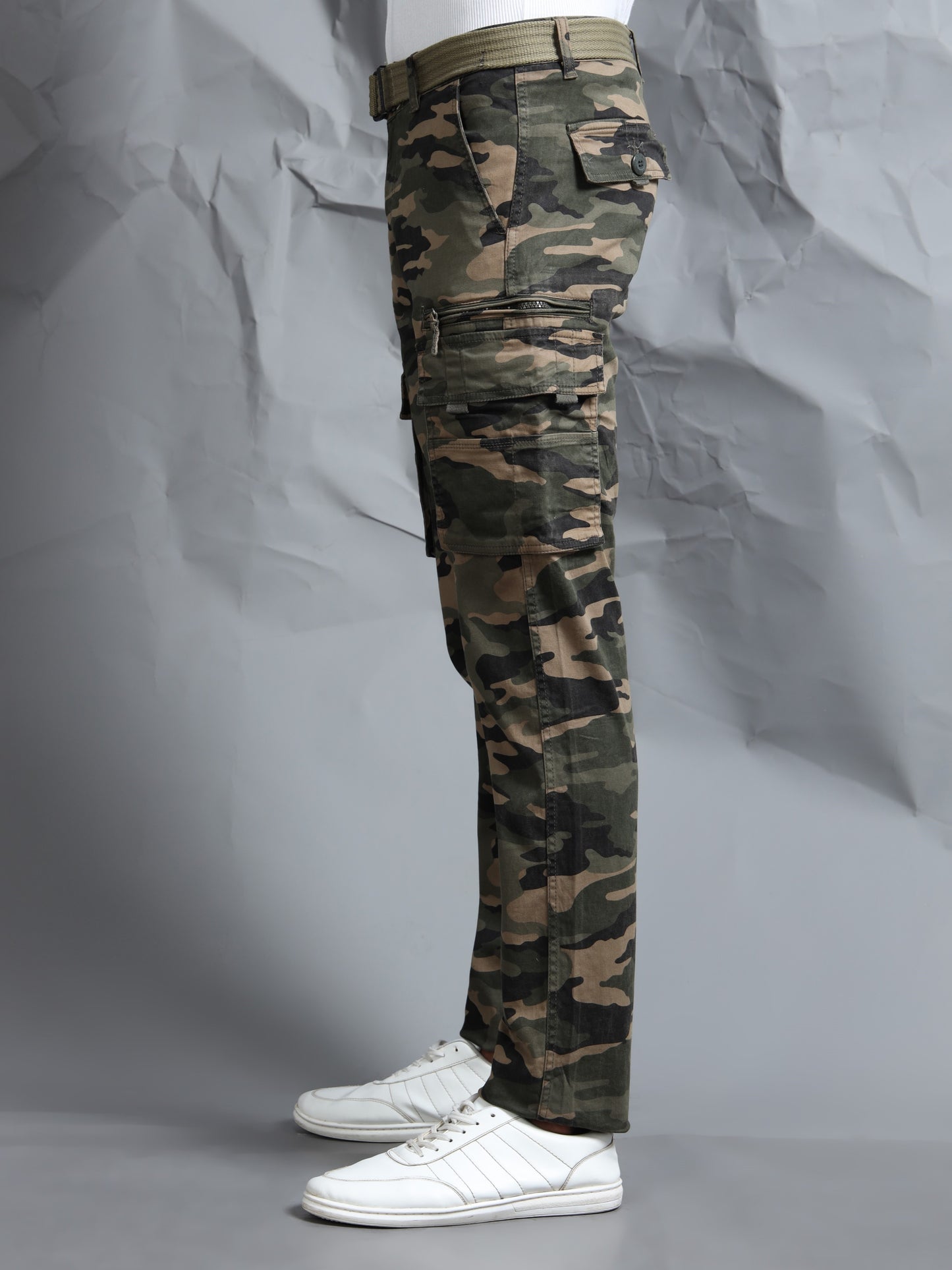 Men Multi Pocket Olive Camo Cargo with Belt