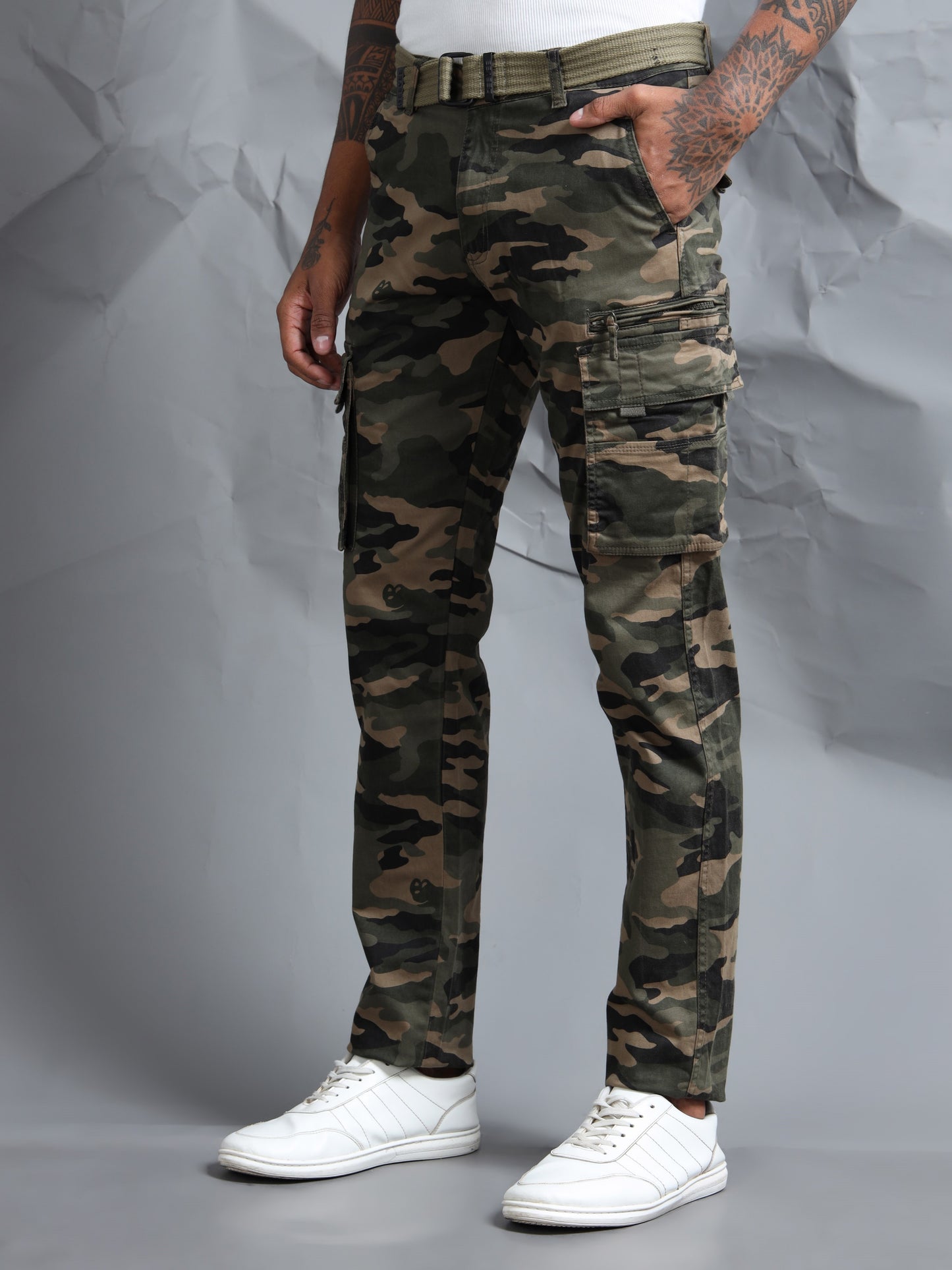 Men Multi Pocket Olive Camo Cargo with Belt
