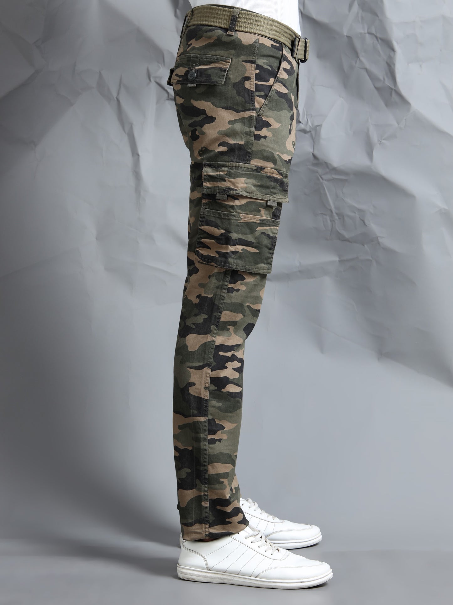 Men Multi Pocket Olive Camo Cargo with Belt