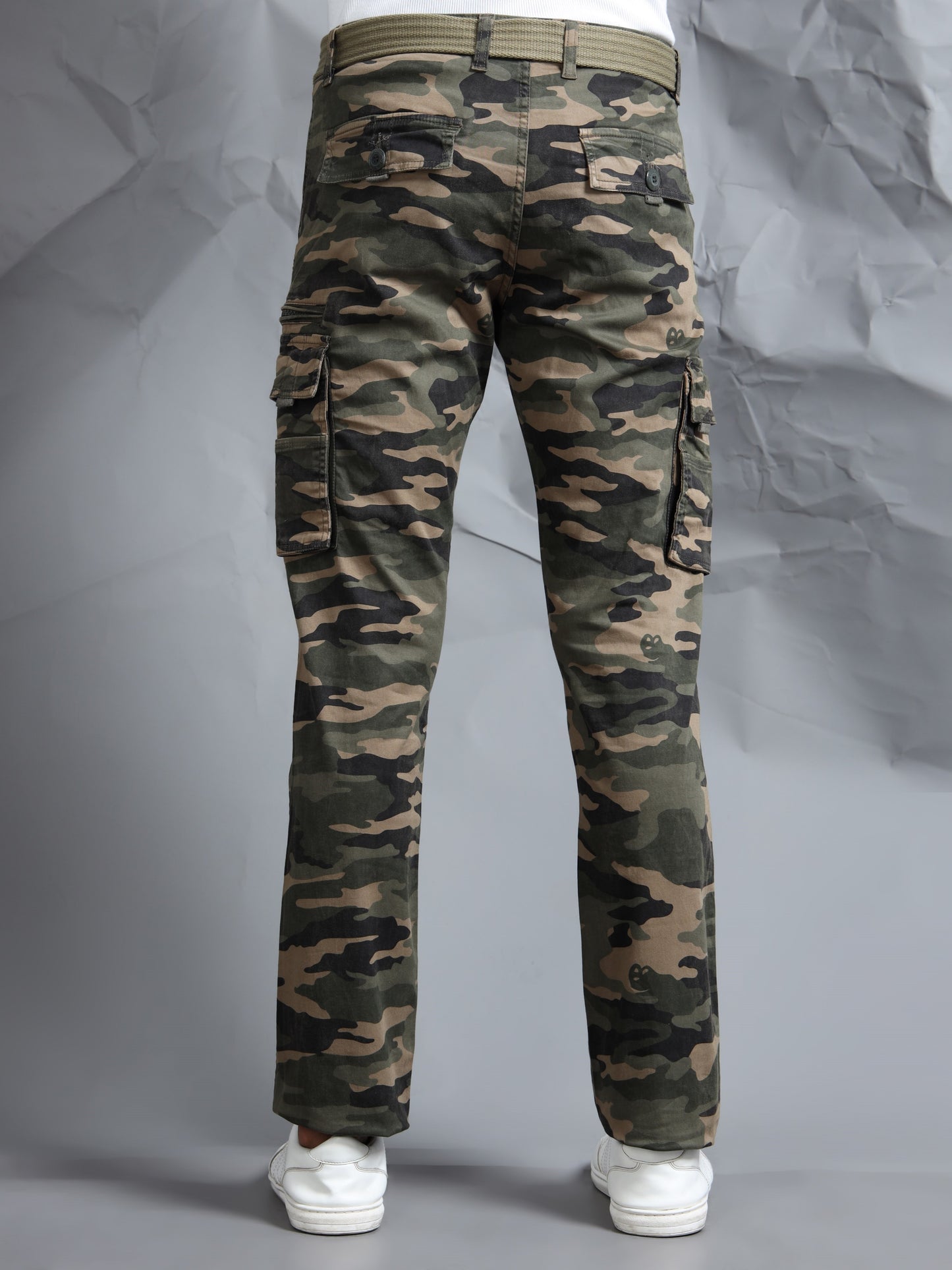 Men Multi Pocket Olive Camo Cargo with Belt