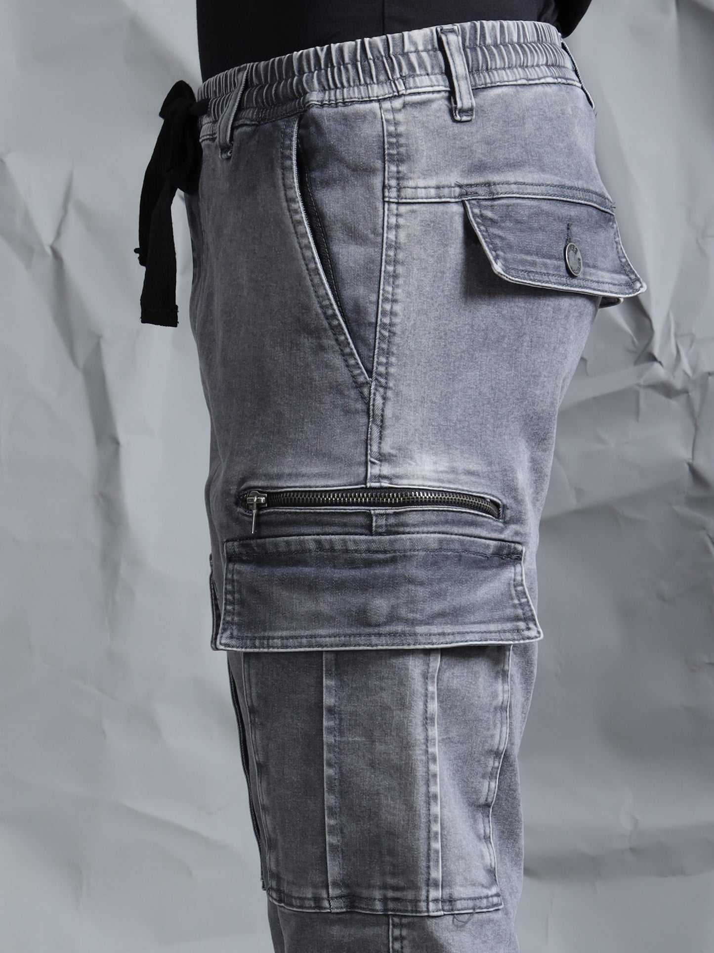 Cotton Lycra Grey  Mid Rise Cargo Pant with 7 Pockets  Drawstring Closure
