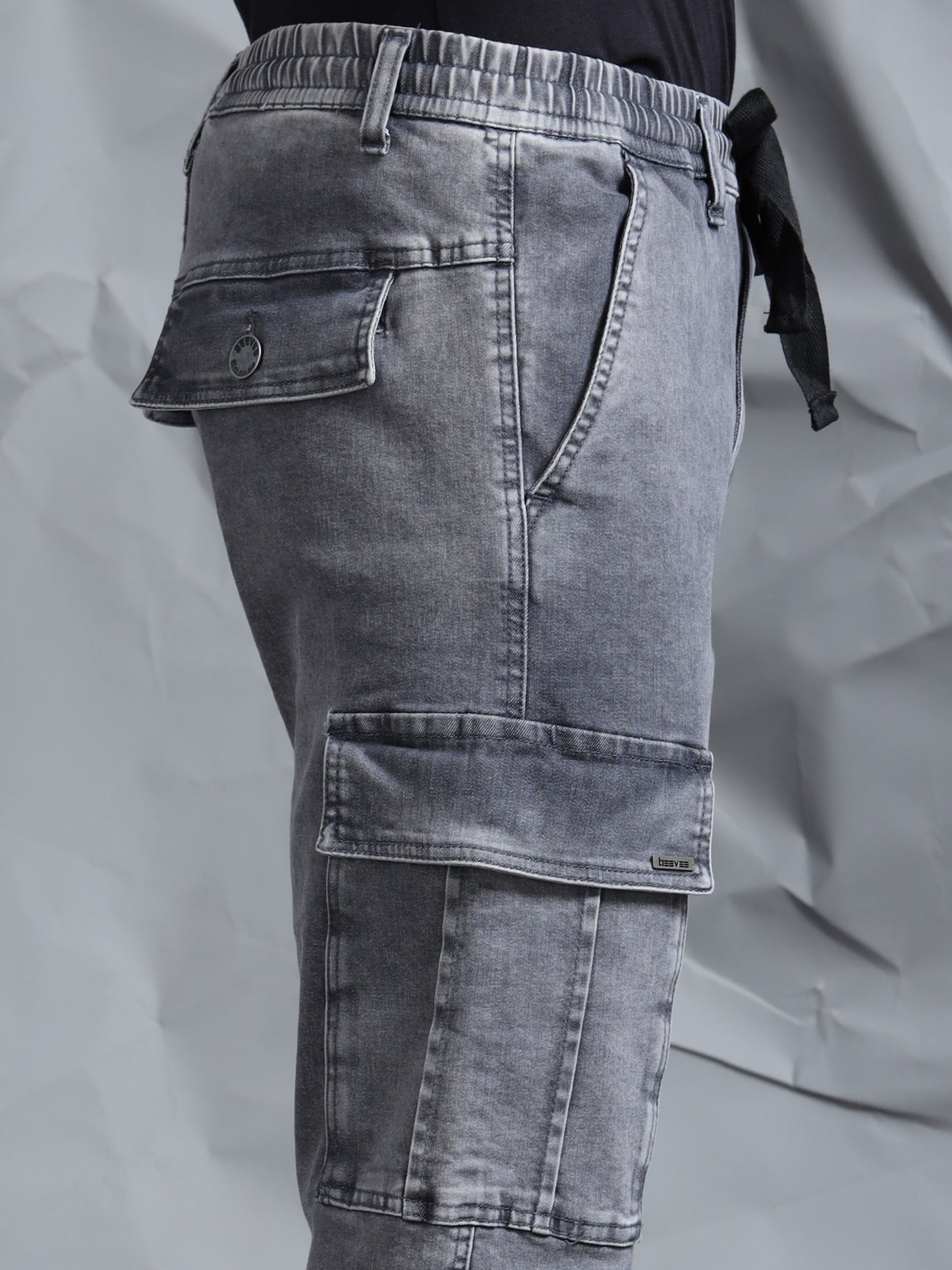 Cotton Lycra Grey  Mid Rise Cargo Pant with 7 Pockets  Drawstring Closure