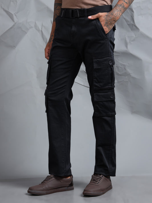 Men Black Cargo Pants With Belt