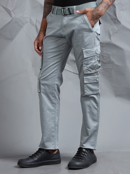 Men Steel Grey Cargo Pants With Belt