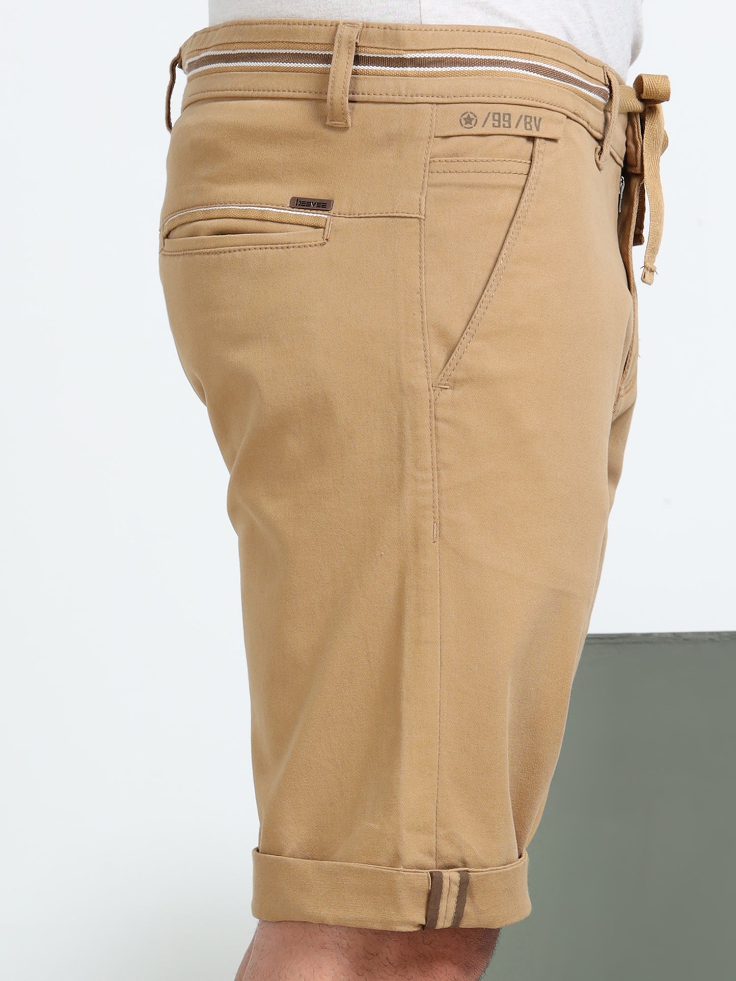 Men's Khaki Solid Cotton Lycra Mid-Rise Casual Shorts