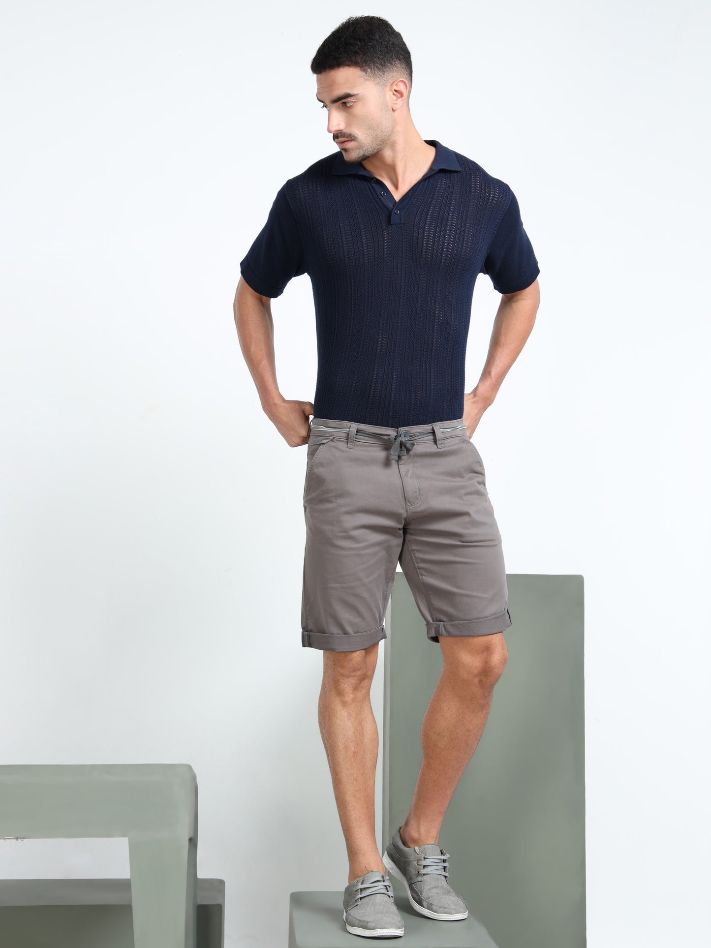 Cross Pocket Grey Shorts with Drawstring
