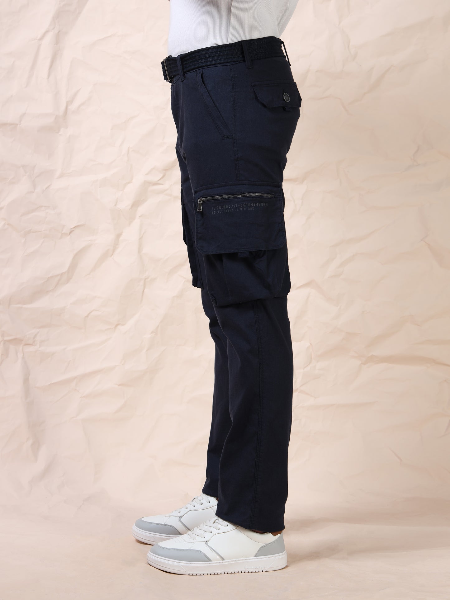 Men Multi Pocket Navy Cargo with Belt