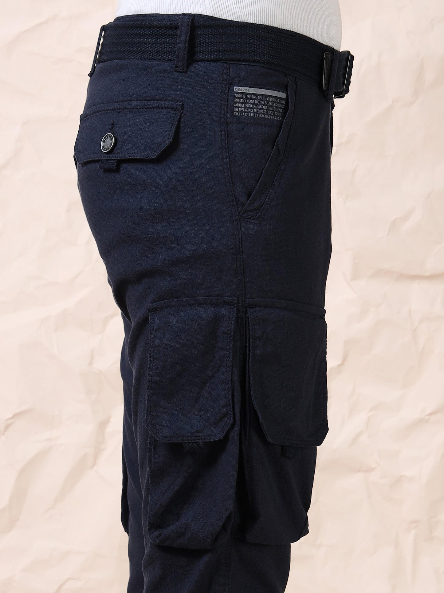 Men Multi Pocket Navy Cargo with Belt