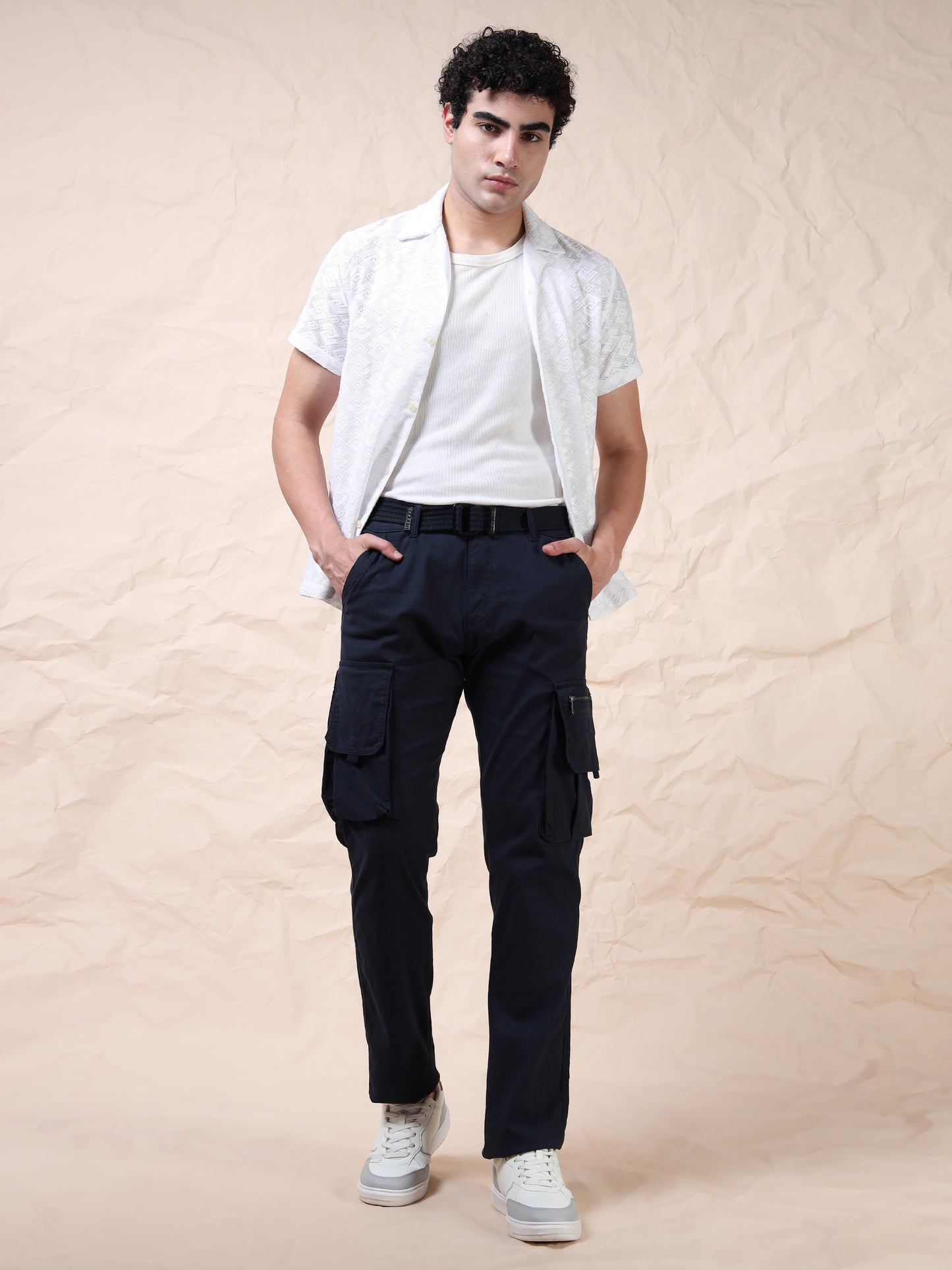 Men Multi Pocket Navy Cargo with Belt
