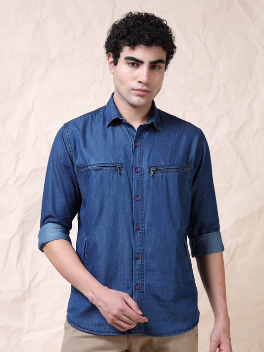 Double Pocket Solid Stretchable Blue Denim Shirt
