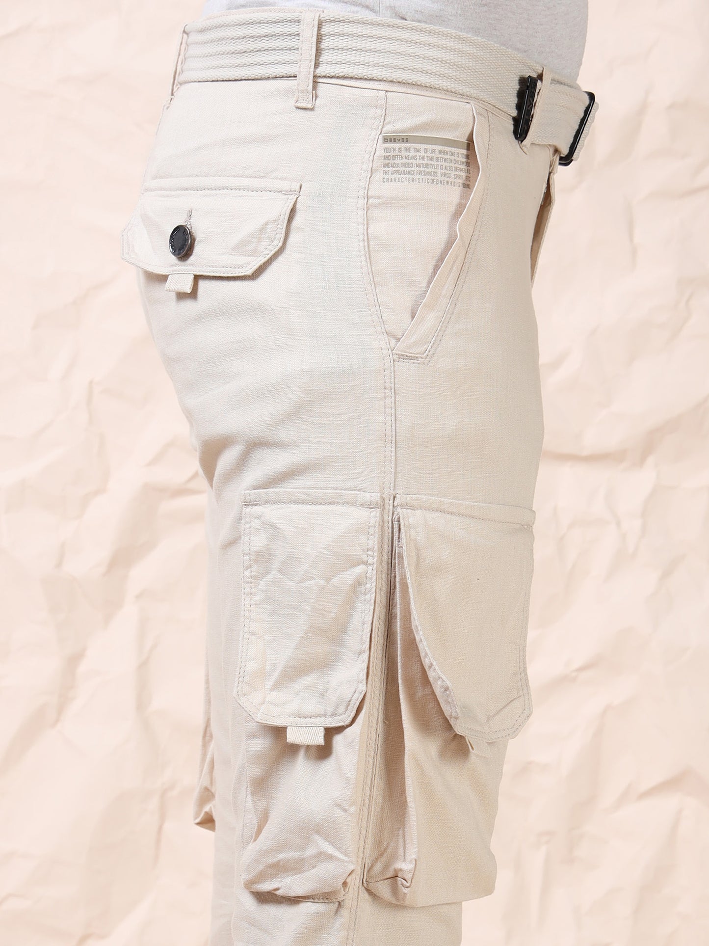 Men Multi Pocket Beige Cargo with Belt