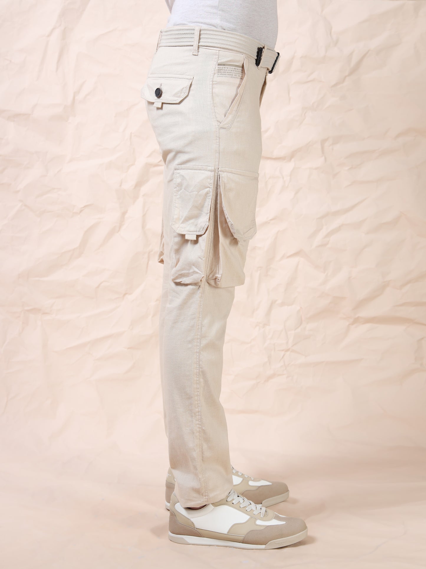 Men Multi Pocket Beige Cargo with Belt