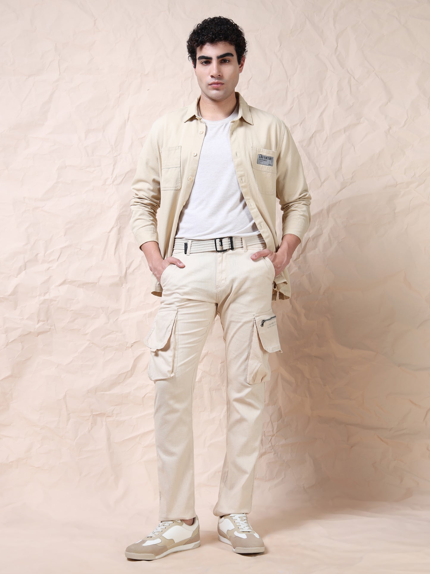 Men Multi Pocket Beige Cargo with Belt