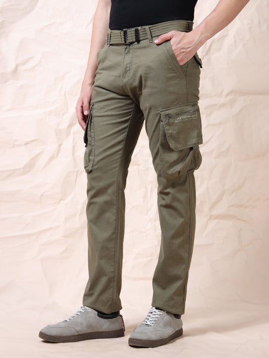 Men Multi Pocket Olive Cargo with Belt
