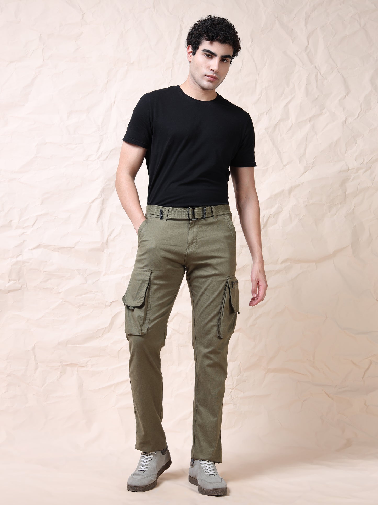 Men Multi Pocket Olive Cargo with Belt
