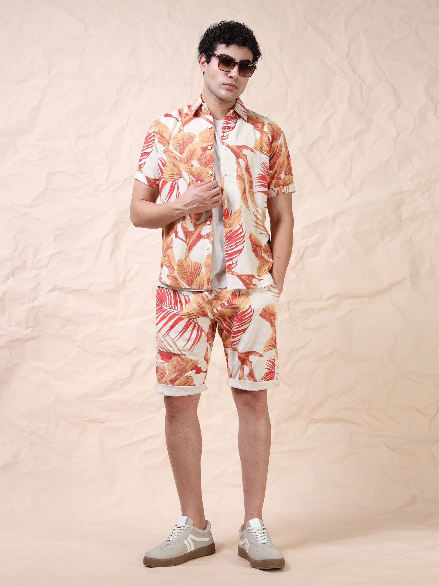 Cotton Floral Printed Beige Casual Shirt