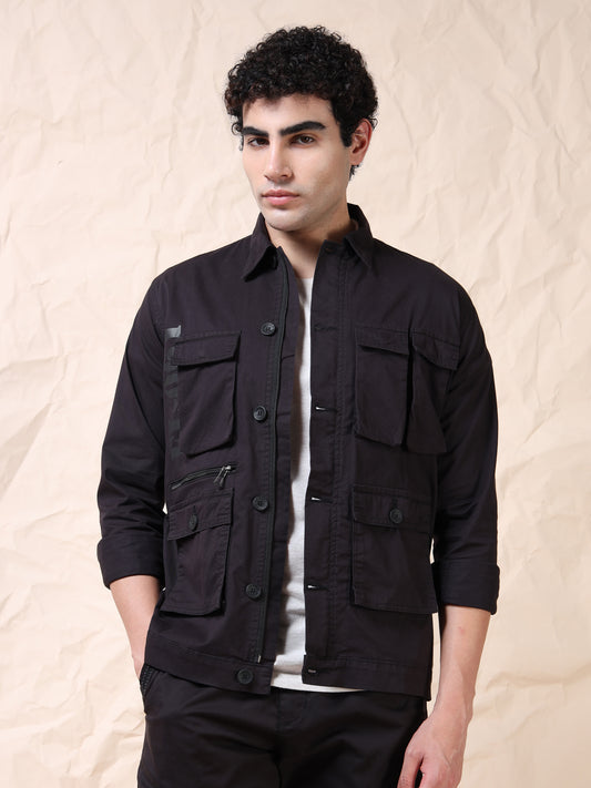 Multi Utility Cargo Pocket Black Shacket