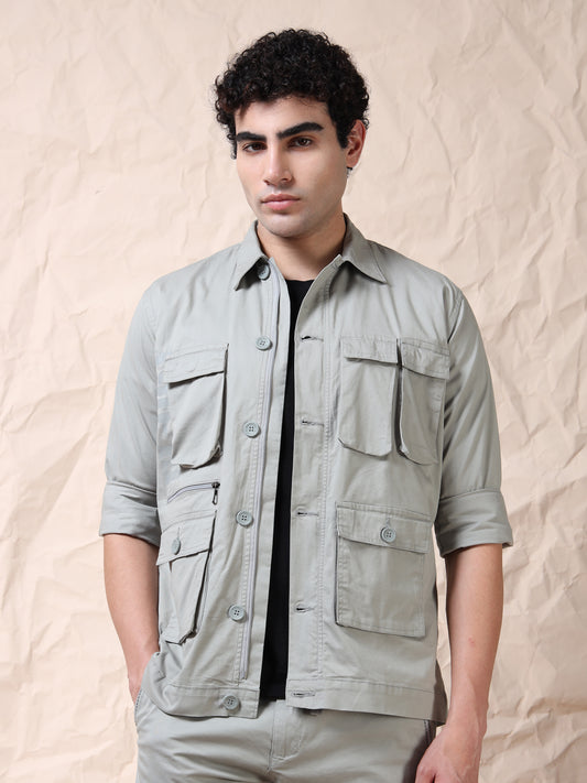 Multi Utility Cargo Pocket Grey Shacket