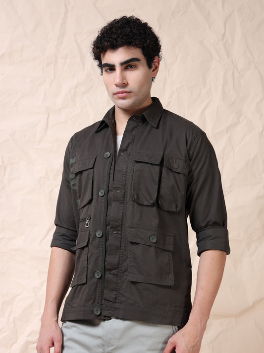 Multi Utility Cargo Pocket Olive Shacket