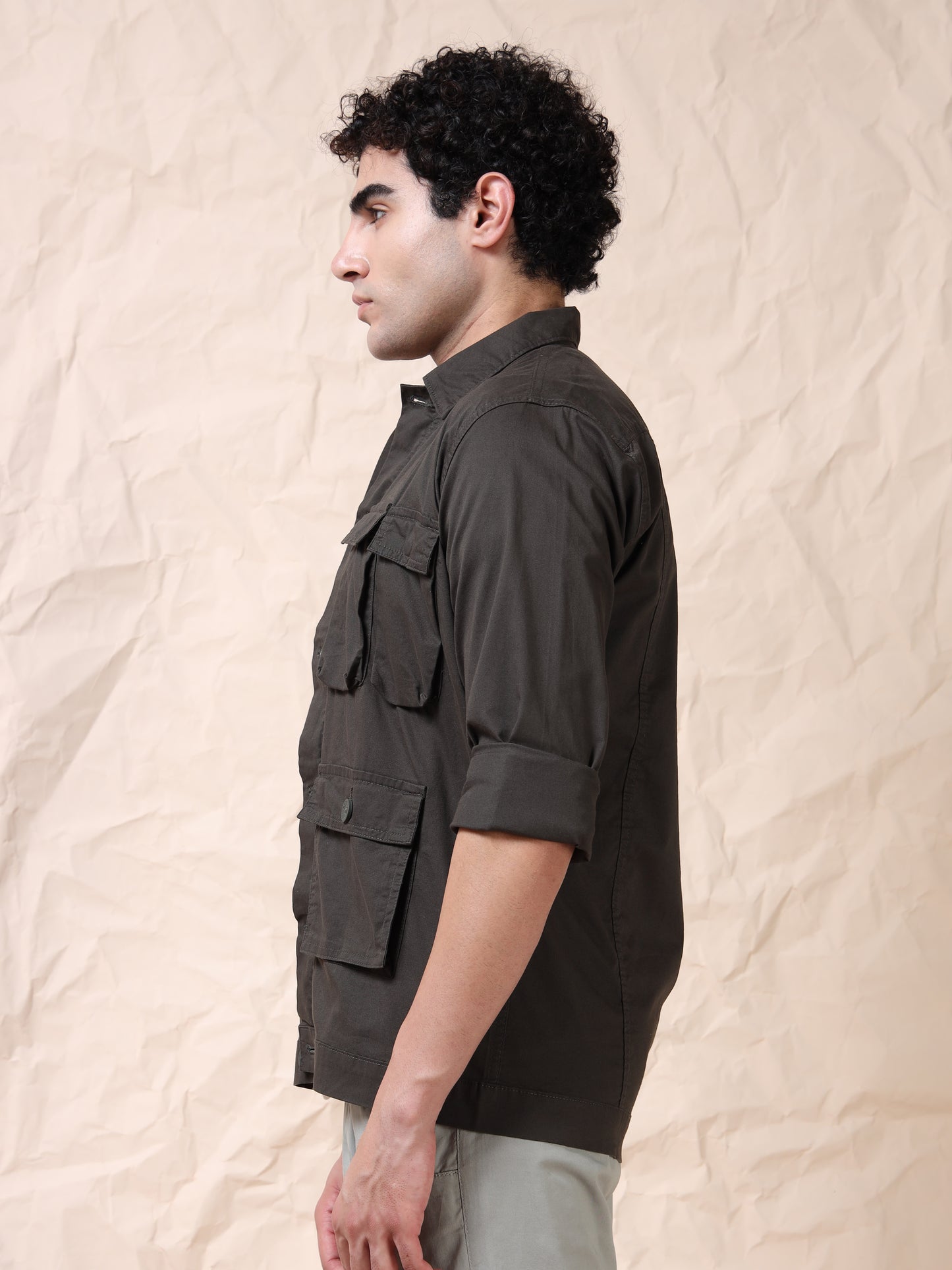 Multi Utility Cargo Pocket Olive Shacket