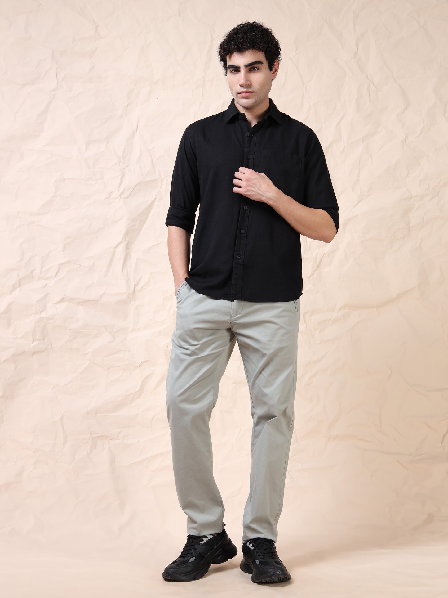 Full Sleeve Single Pocket Cotton Black Shirt