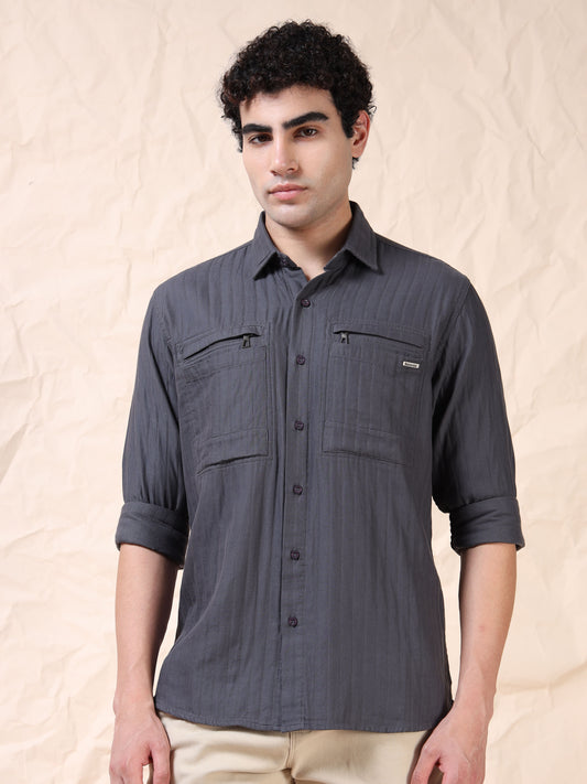 Full Sleeve Double Pocket Grey Shirt