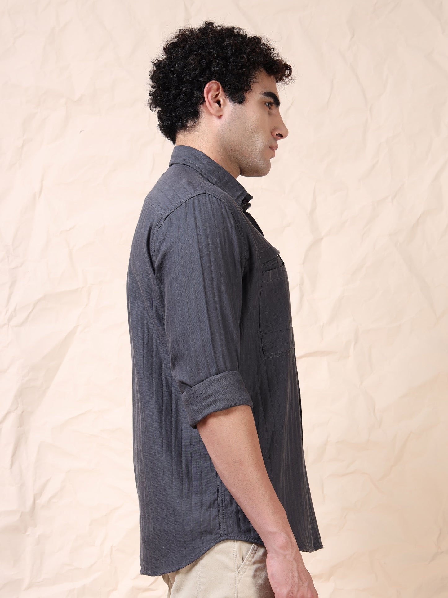 Full Sleeve Double Pocket Grey Shirt
