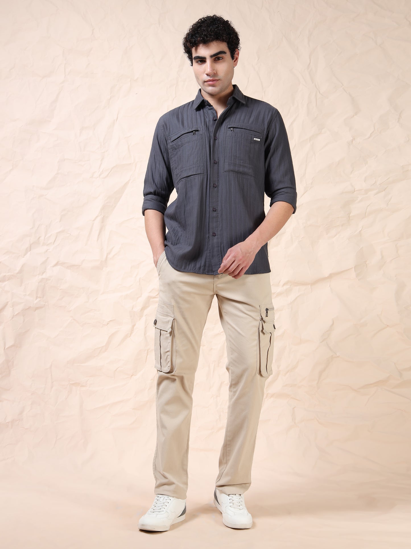 Full Sleeve Double Pocket Grey Shirt