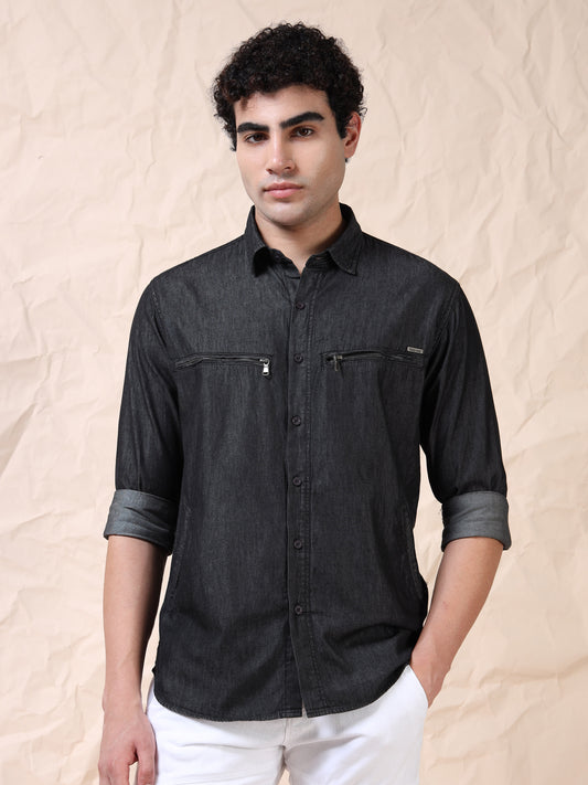 Double Pocket Solid Stretchable Black Denim Shirt