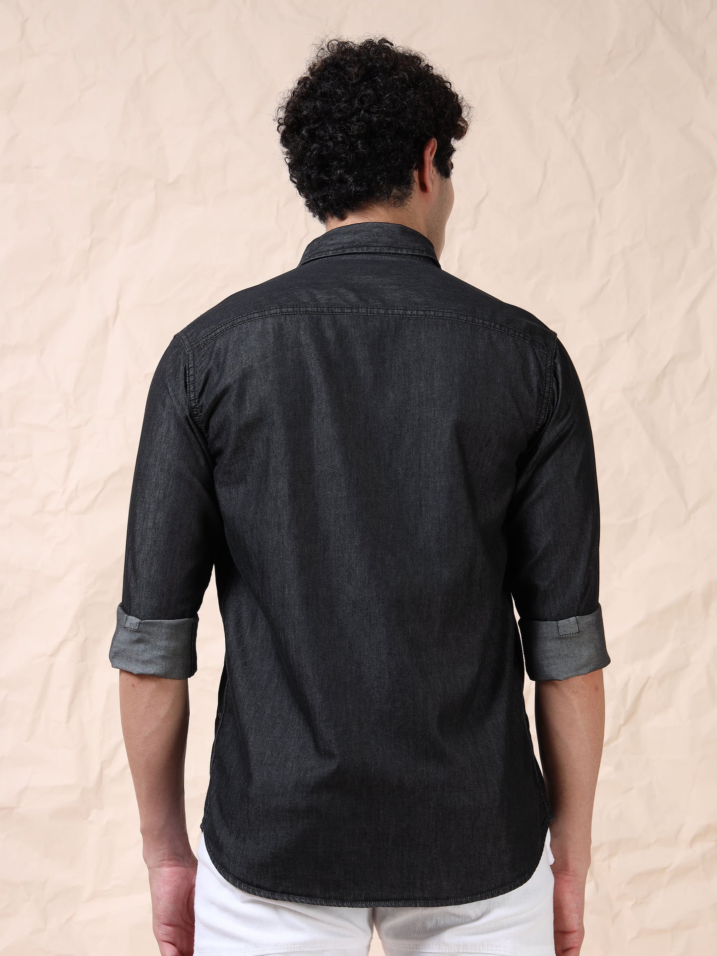 Double Pocket Solid Stretchable Black Denim Shirt