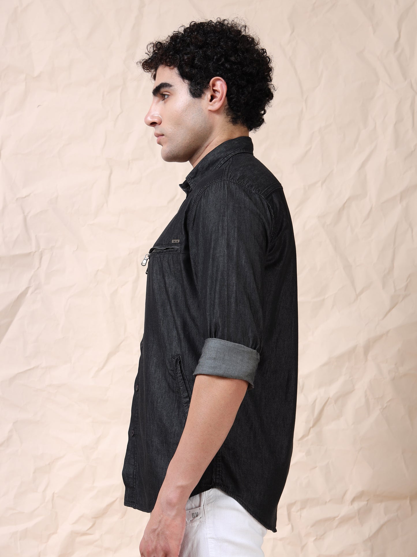 Double Pocket Solid Stretchable Black Denim Shirt