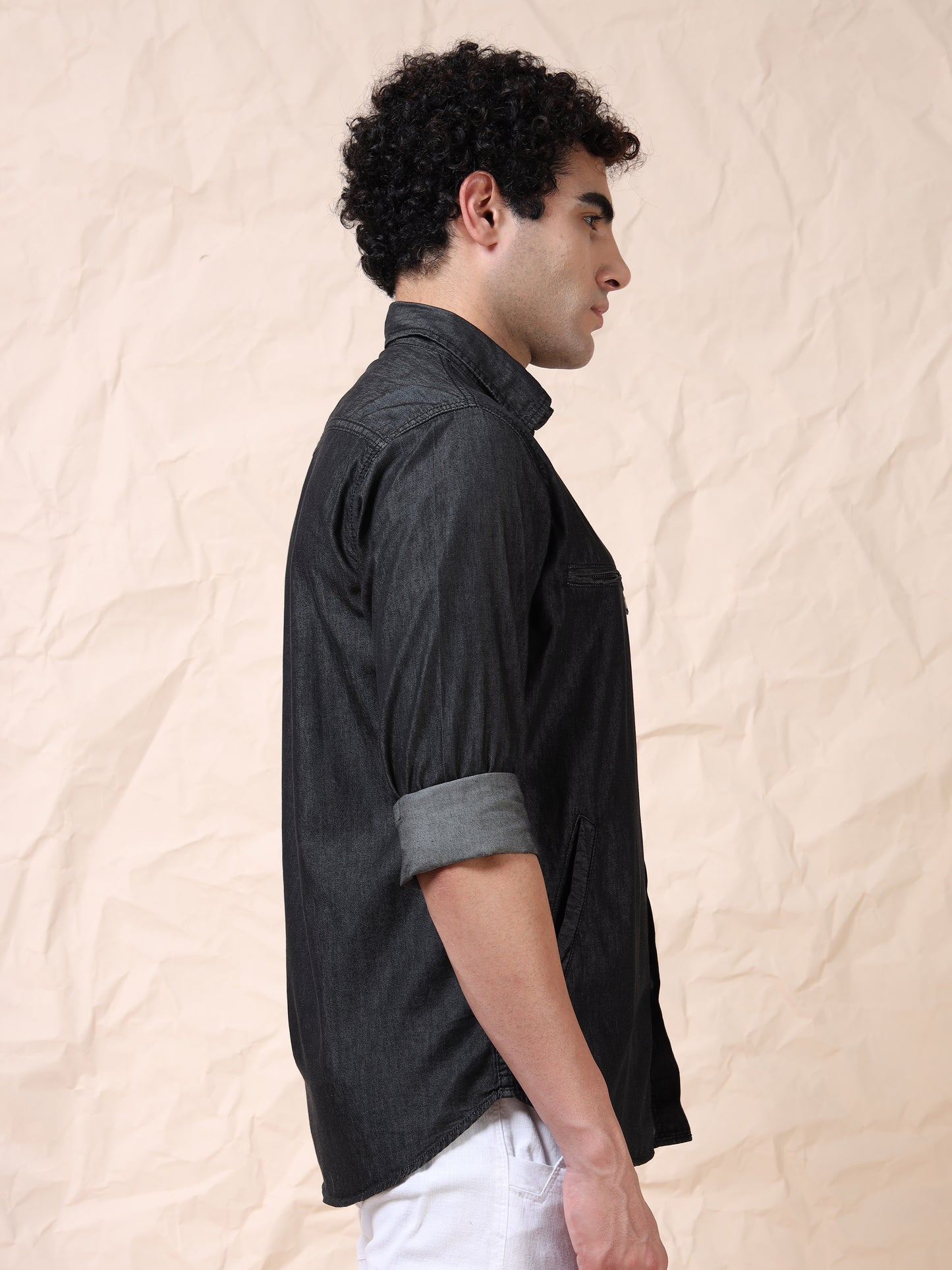 Double Pocket Solid Stretchable Black Denim Shirt